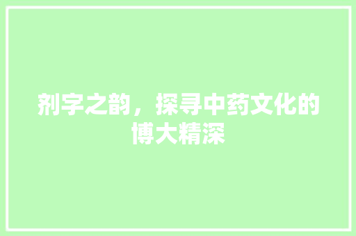 剂字之韵，探寻中药文化的博大精深